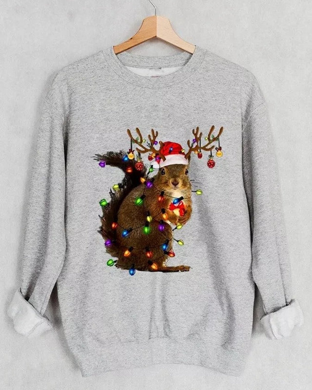 Christmas Squirrel Lights Print Casual Sweatshirt