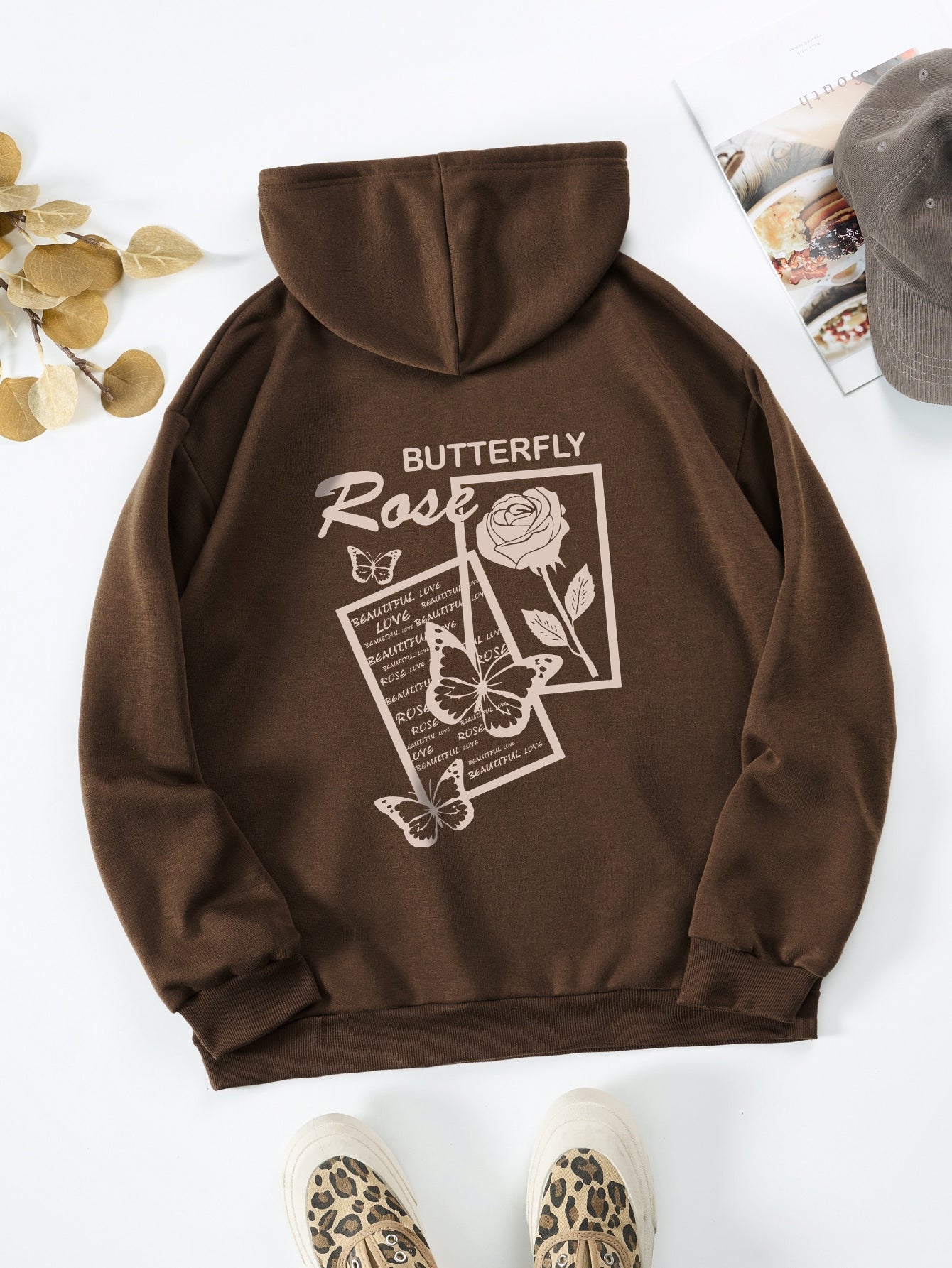 Floral And Letter Graphic Drawstring Hoodie