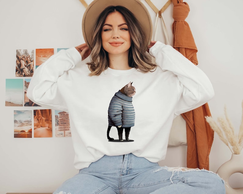 Fat Gray Cat in Crewneck Sweatshirt