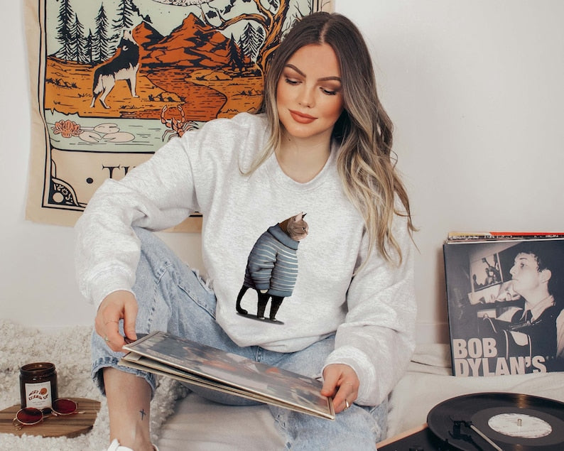 Fat Gray Cat in Crewneck Sweatshirt